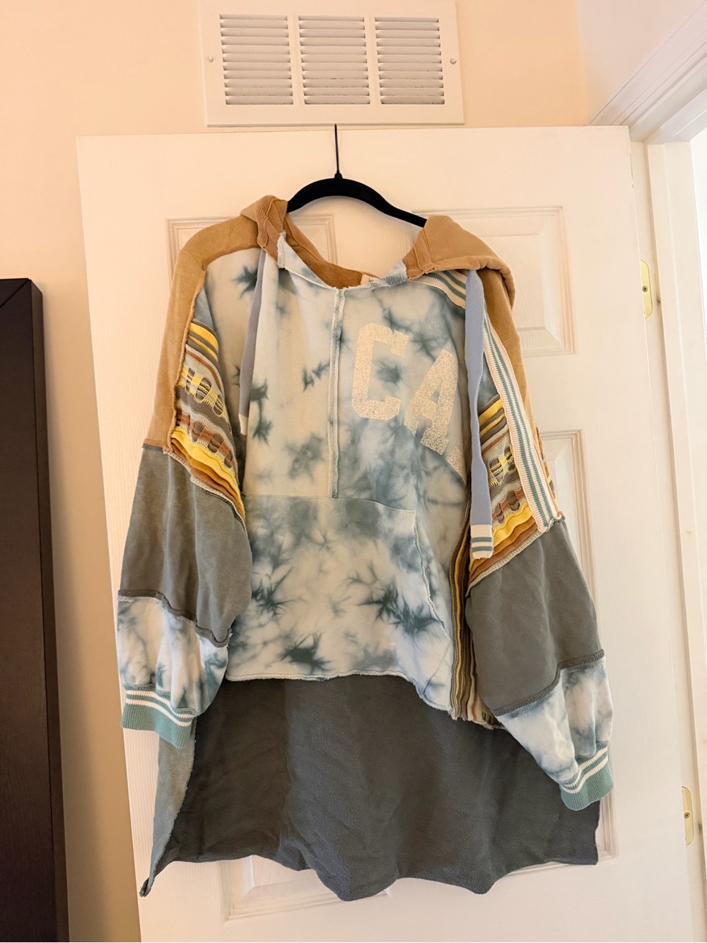 We The Free Patchwork Tie-Dye Hoodie in Blue and Tan with Yellow Accents
